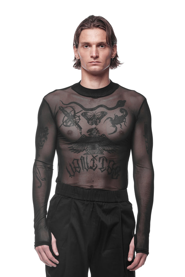 SKIN MESH LONG SLEEVE TOP -  BLACK